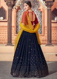 Navy Blue Georgette Thread with Sequince Embroidered Party Wear Lehenga