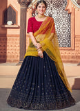 Navy Blue Georgette Thread with Sequince Embroidered Party Wear Lehenga