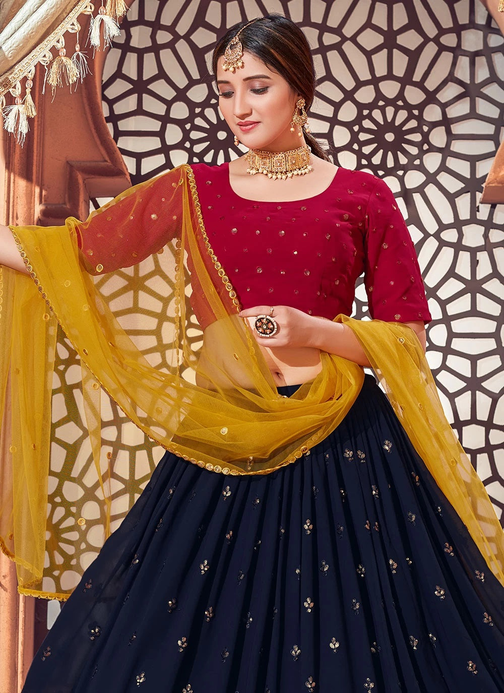Navy Blue Georgette Thread with Sequince Embroidered Party Wear Lehenga