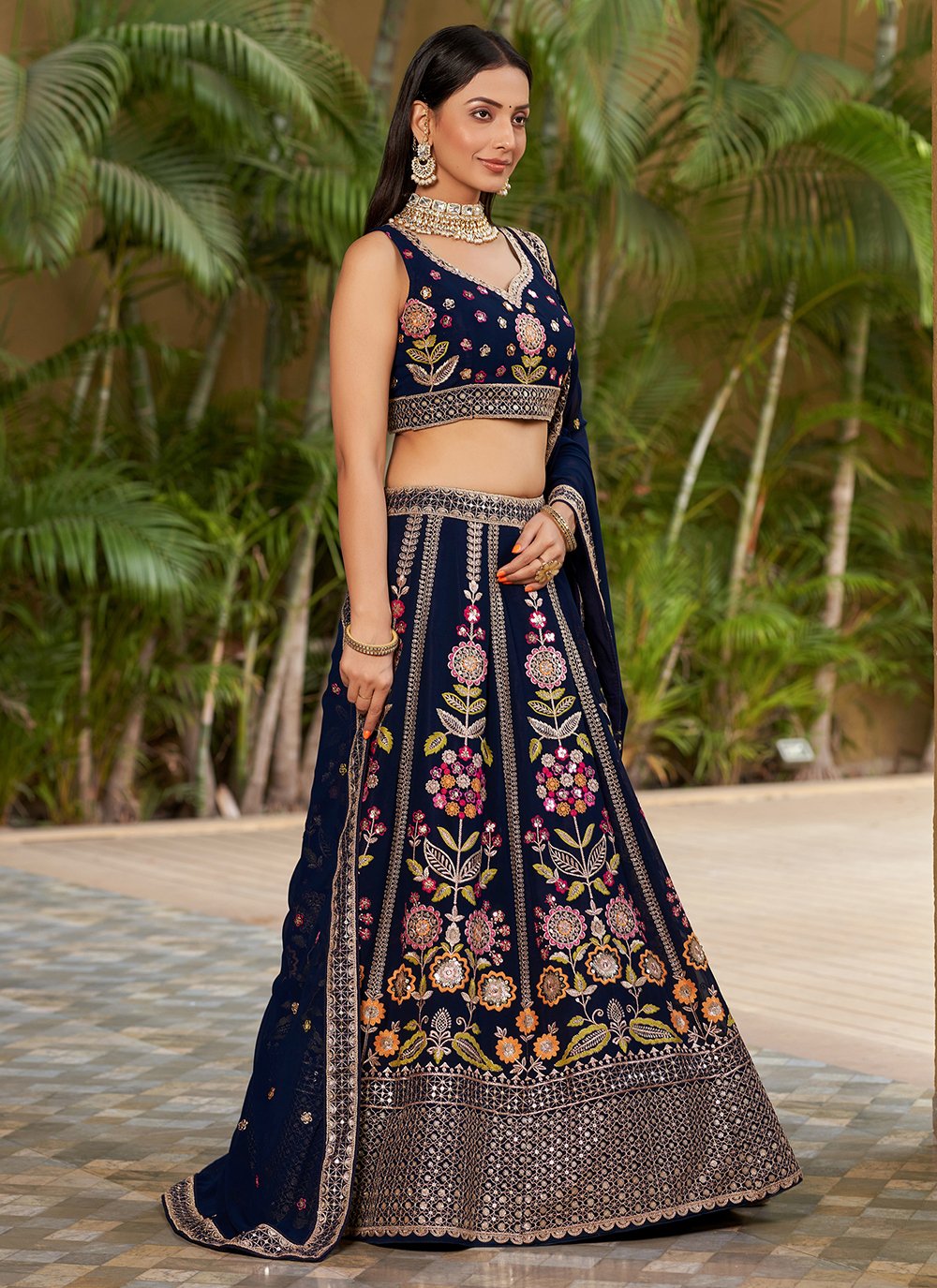 Navy Blue Georgette Zari Sequins Work Party Wear Lehenga Choli