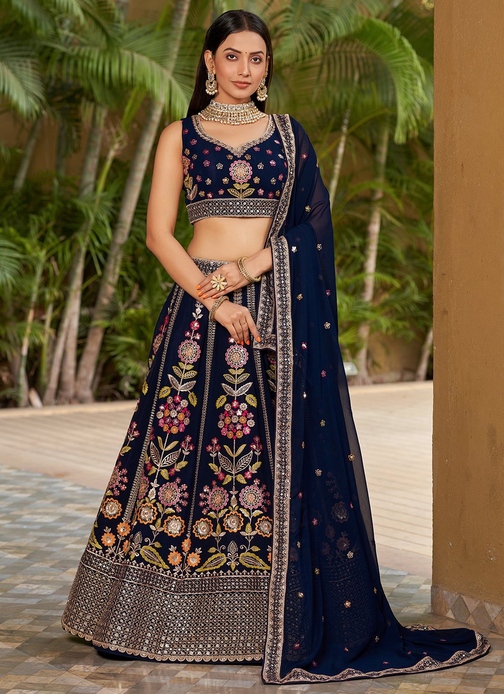 Navy Blue Georgette Zari Sequins Work Party Wear Lehenga Choli