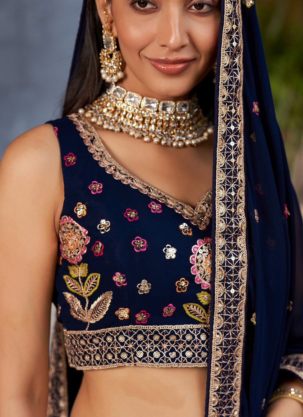 Navy Blue Georgette Zari Sequins Work Party Wear Lehenga Choli