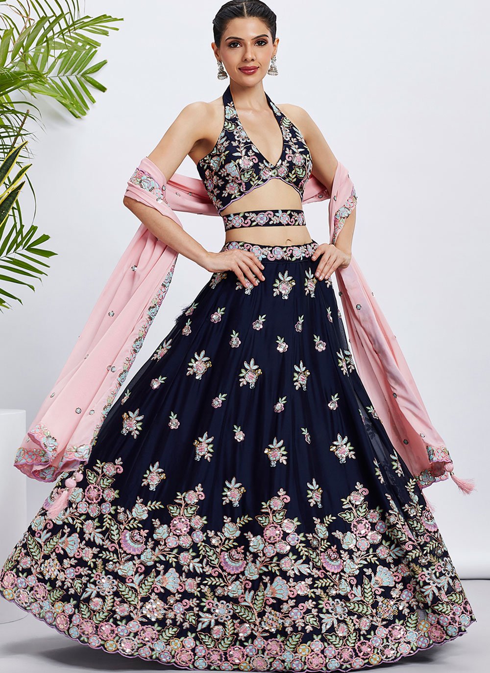 Navy Blue Heavy Embroidered Poly Georgette Lehenga with Sequins Work