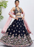 Navy Blue Heavy Embroidered Poly Georgette Lehenga with Sequins Work