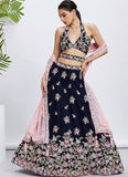 Navy Blue Heavy Embroidered Poly Georgette Lehenga with Sequins Work