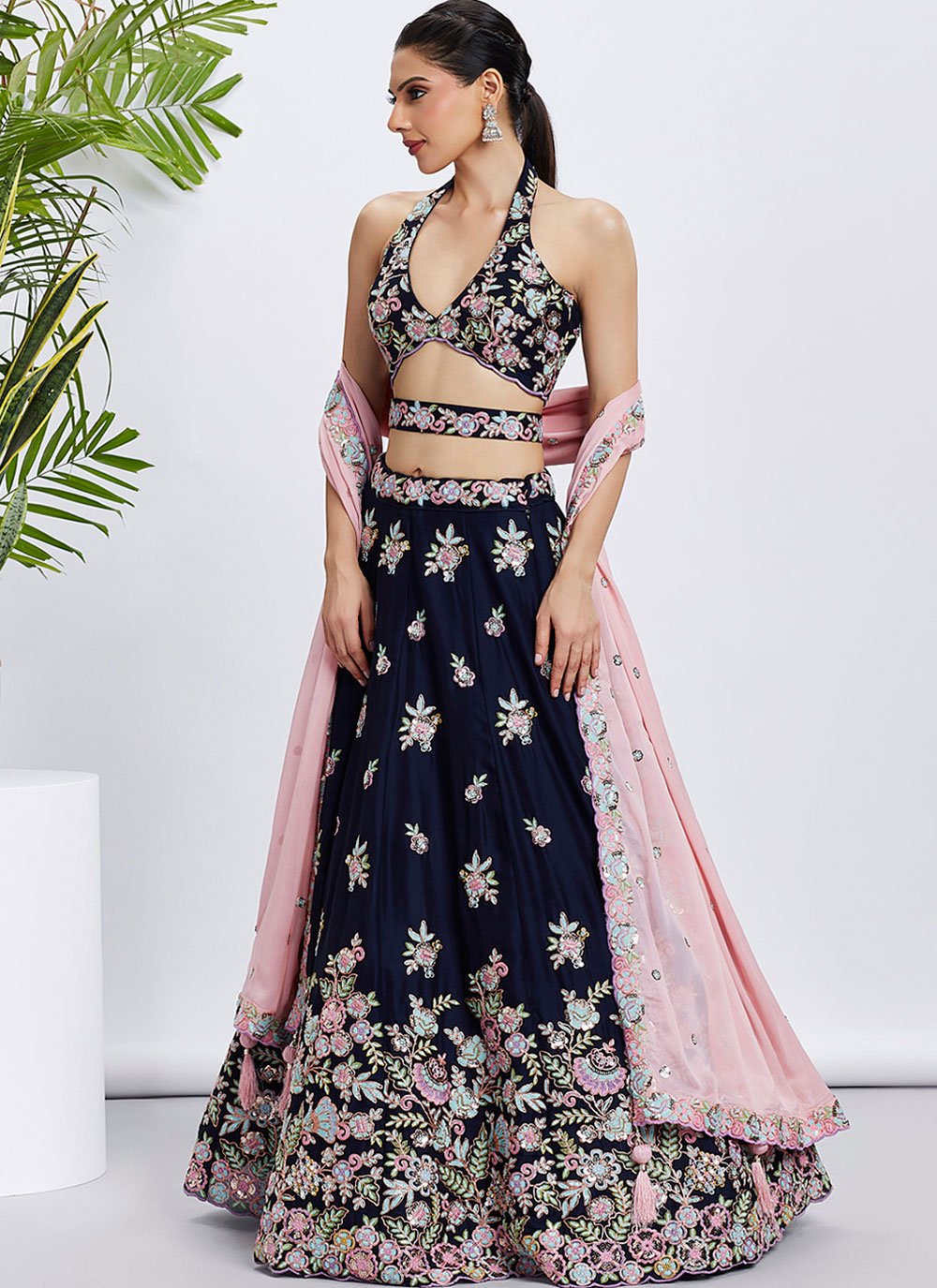 Navy Blue Heavy Embroidered Poly Georgette Lehenga with Sequins Work