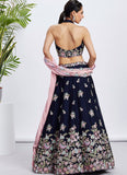 Navy Blue Heavy Embroidered Poly Georgette Lehenga with Sequins Work