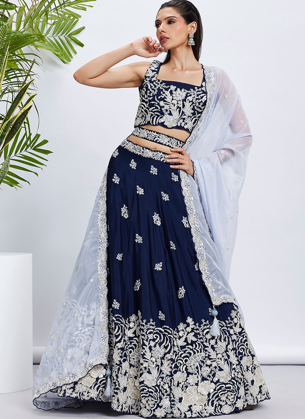 Navy Blue Engagement Lehenga with Sequins Embroidery