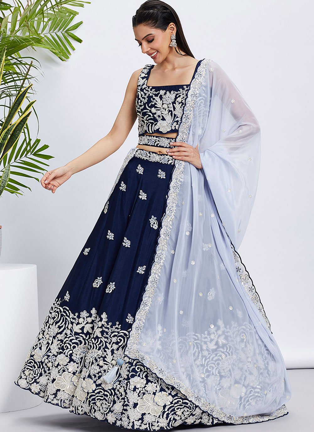 Navy Blue Engagement Lehenga with Sequins Embroidery