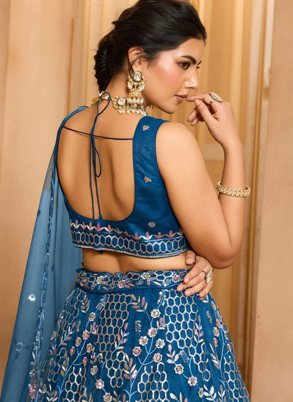 Navy blue net dupatta with embroidered border edge