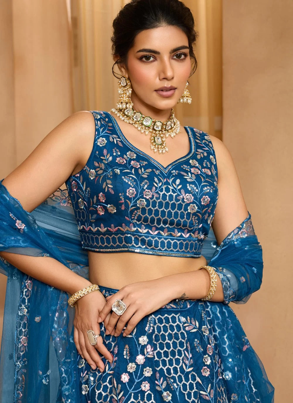 Navy blue net sweetheart blouse with embellished detailing