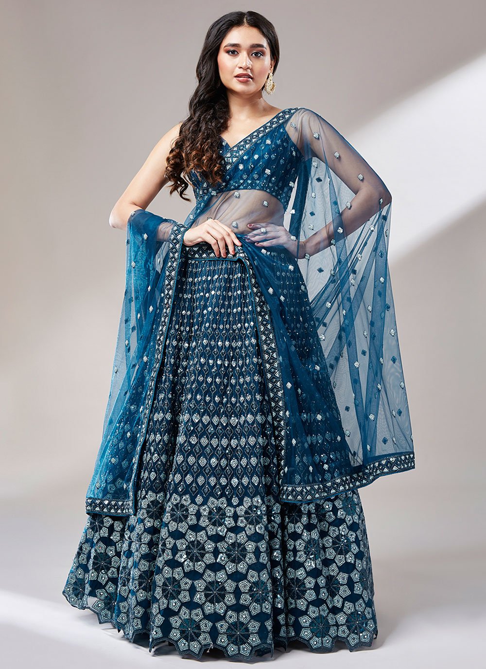 Navy Blue Net Party Wear Lehenga with Zarkan and Mirror Sequins Work