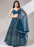 Navy Blue Net Party Wear Lehenga with Zarkan and Mirror Sequins Work