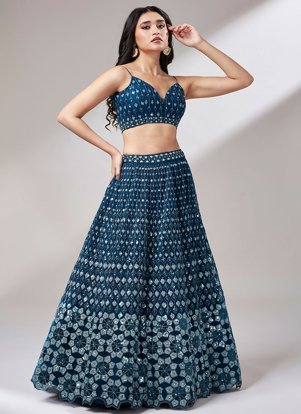 Navy Blue Net Party Wear Lehenga with Zarkan and Mirror Sequins Work