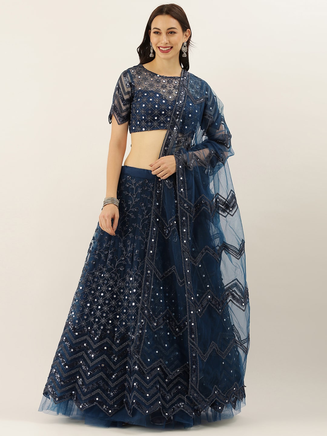 Navy Blue Net Semi Stitched Sequins and Mirror work Reception Lehenga