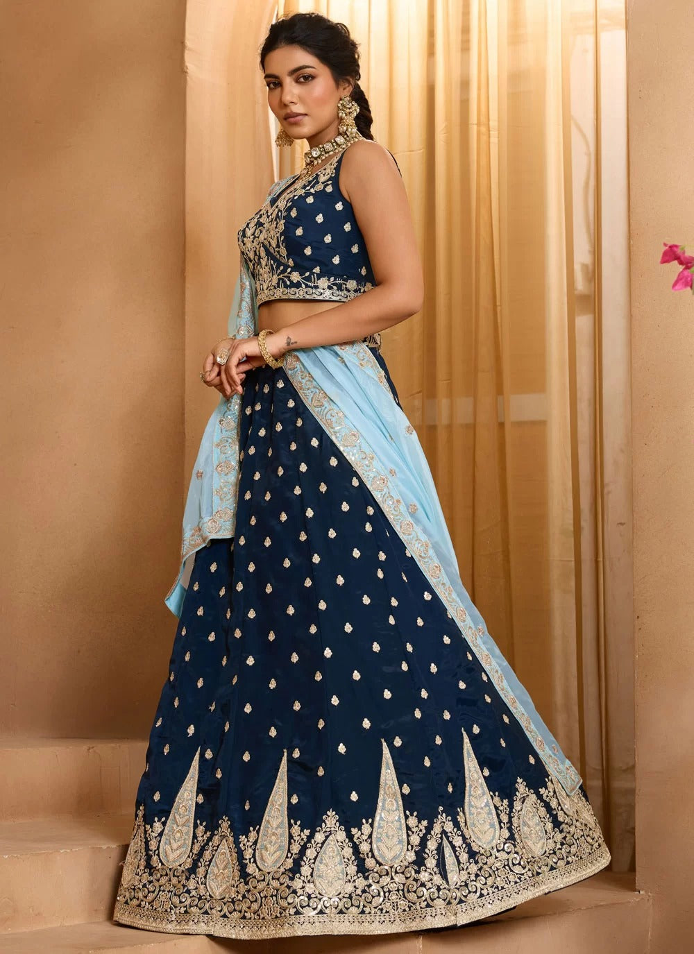 Navy blue organza blouse with sweetheart neck and heavy embroidery