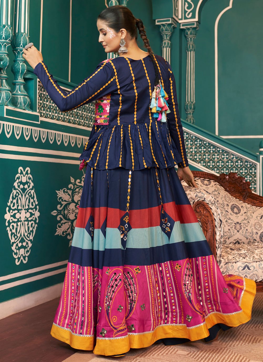 Navy Blue Poly Maska Silk Navratri Trendy Chaniya Choli with Mirror Work