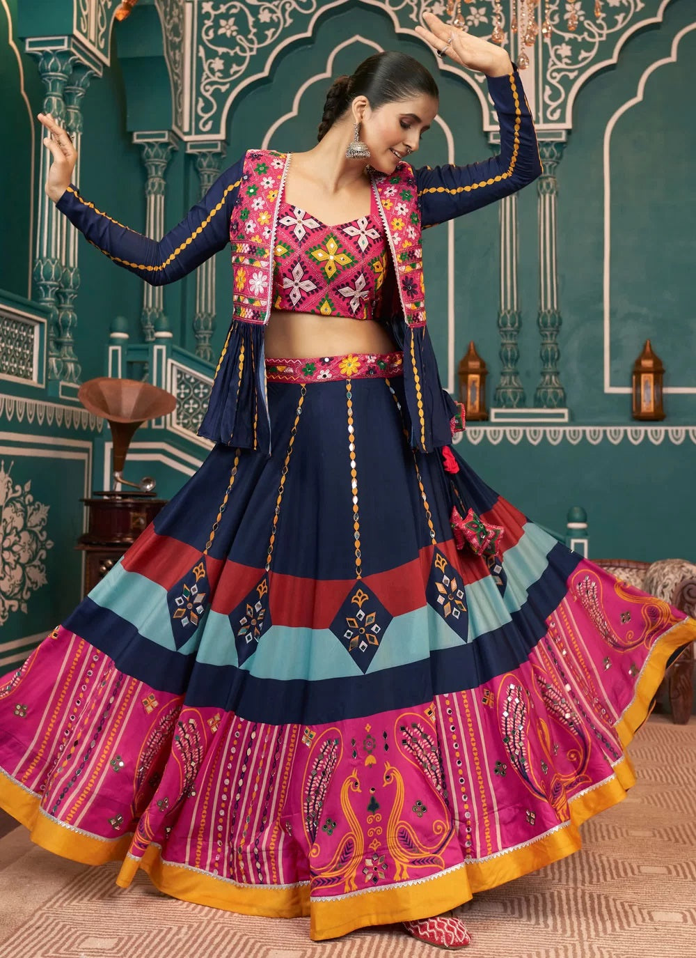 Navy Blue Poly Maska Silk Navratri Trendy Chaniya Choli with Mirror Work