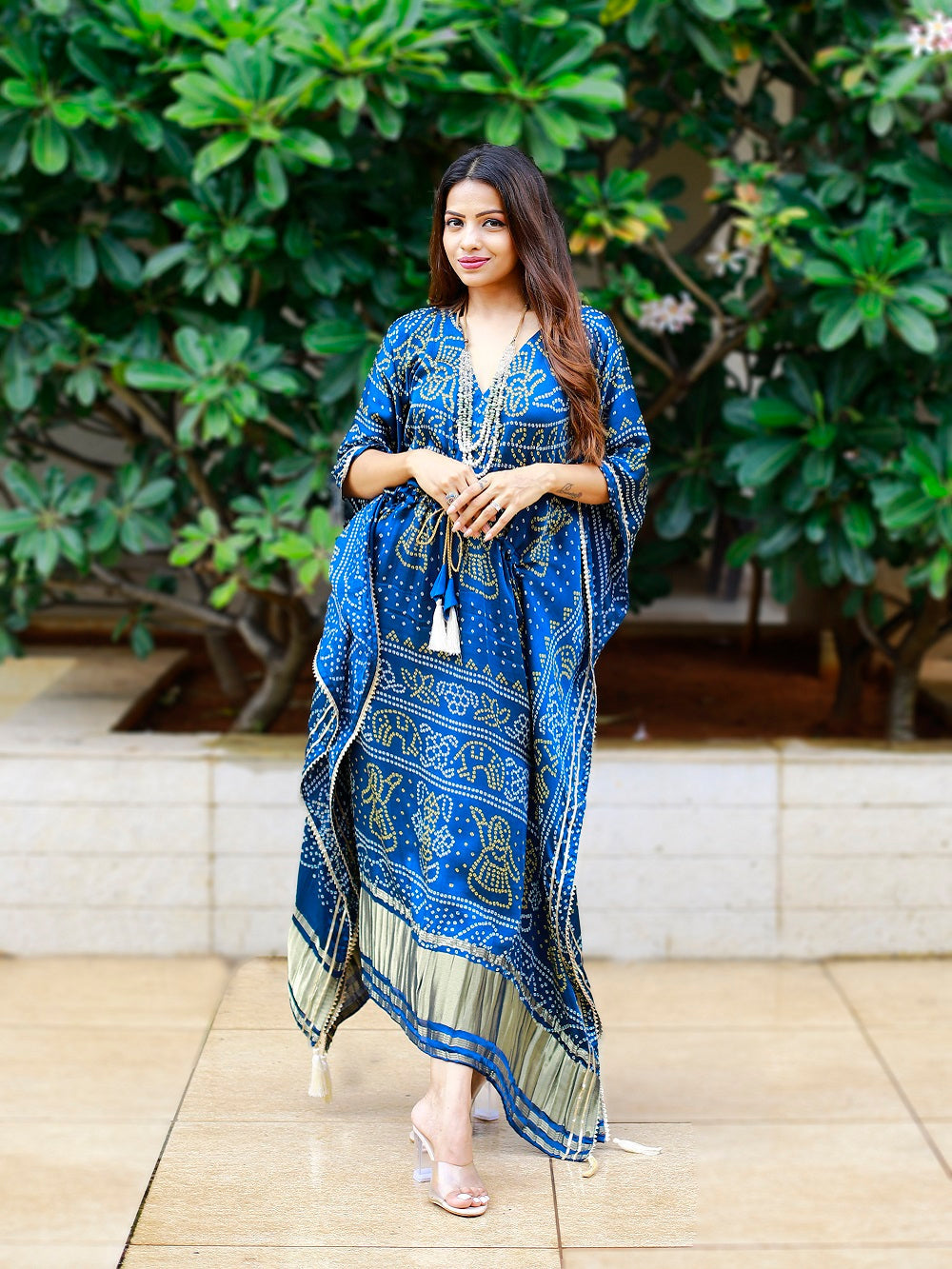 Navy Blue Color Digital Bandhej Printed Pure Gaji Silk Kaftan