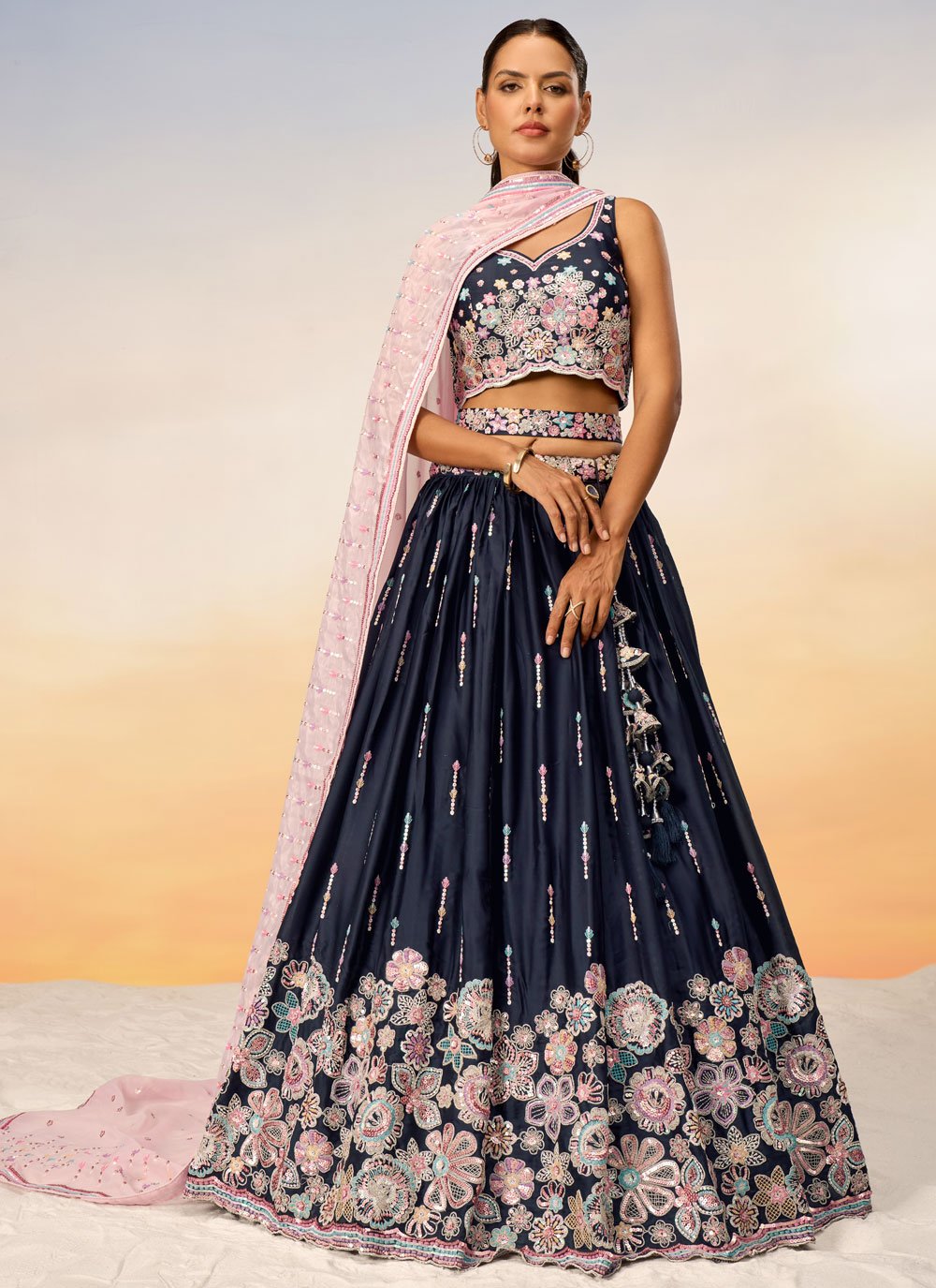 Navy Blue Satin Engagement Lehenga with Sequins and Belt