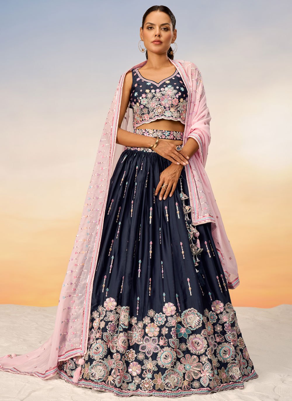 Navy Blue Satin Engagement Lehenga with Sequins and Belt