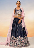 Navy Blue Satin Engagement Lehenga with Sequins and Belt