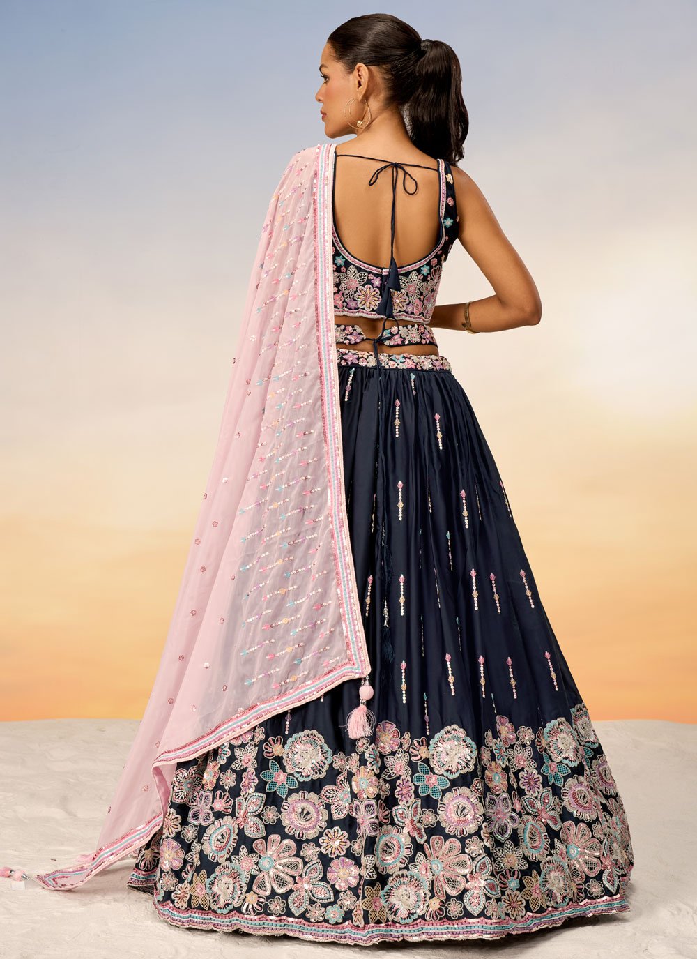 Navy Blue Satin Engagement Lehenga with Sequins and Belt