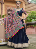 Navy Blue Viscose Rayon Embroidered Mirror Work Navratri Lehenga Choli