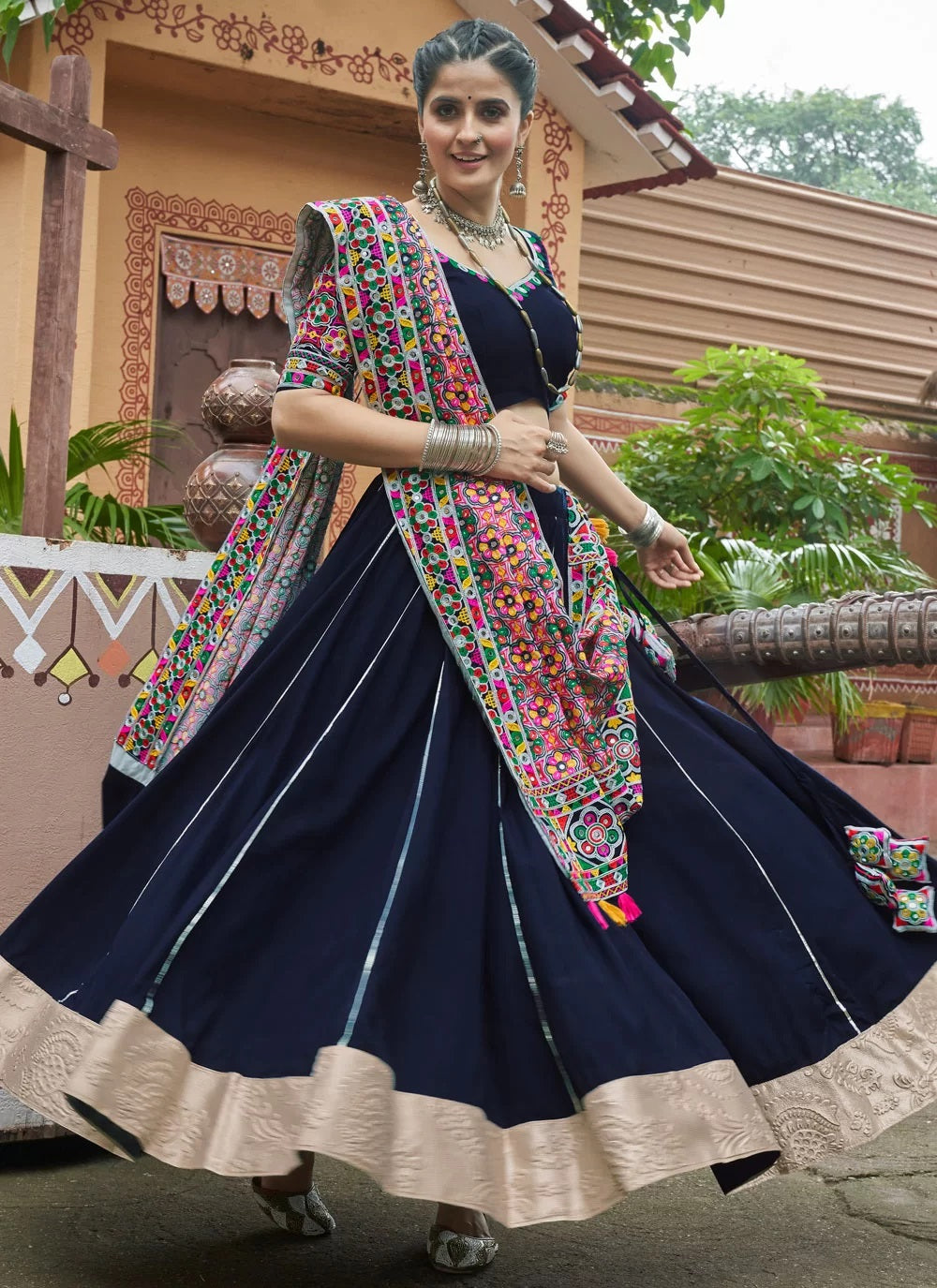 Navy Blue Viscose Rayon Embroidered Mirror Work Navratri Lehenga Choli