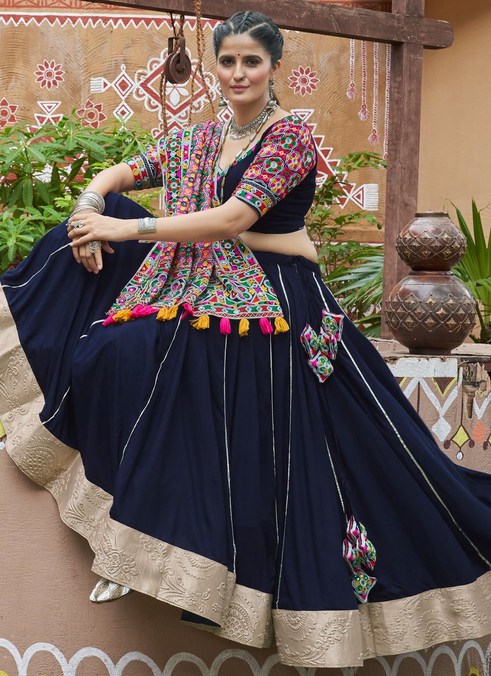 Navy Blue Viscose Rayon Embroidered Mirror Work Navratri Lehenga Choli