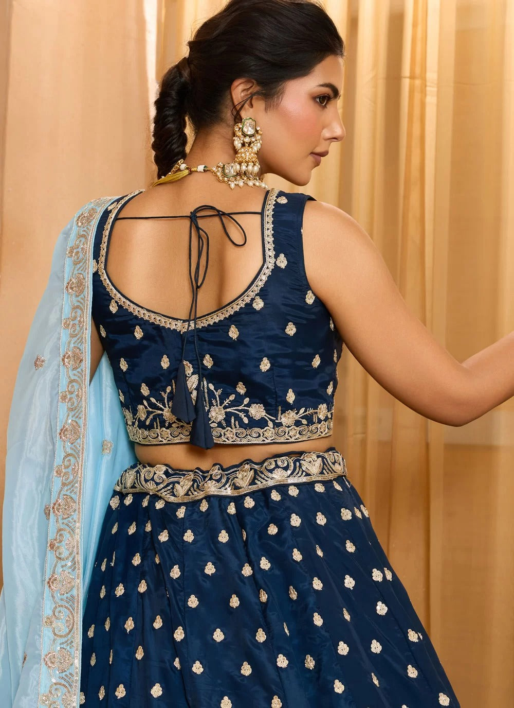 Turquoise blue organza dupatta with embroidered taping border