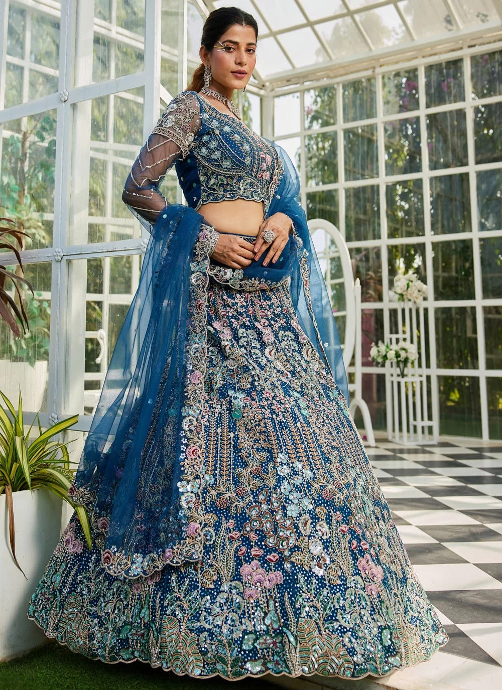 Semi-stitched navy bridal lehenga set for wedding and reception