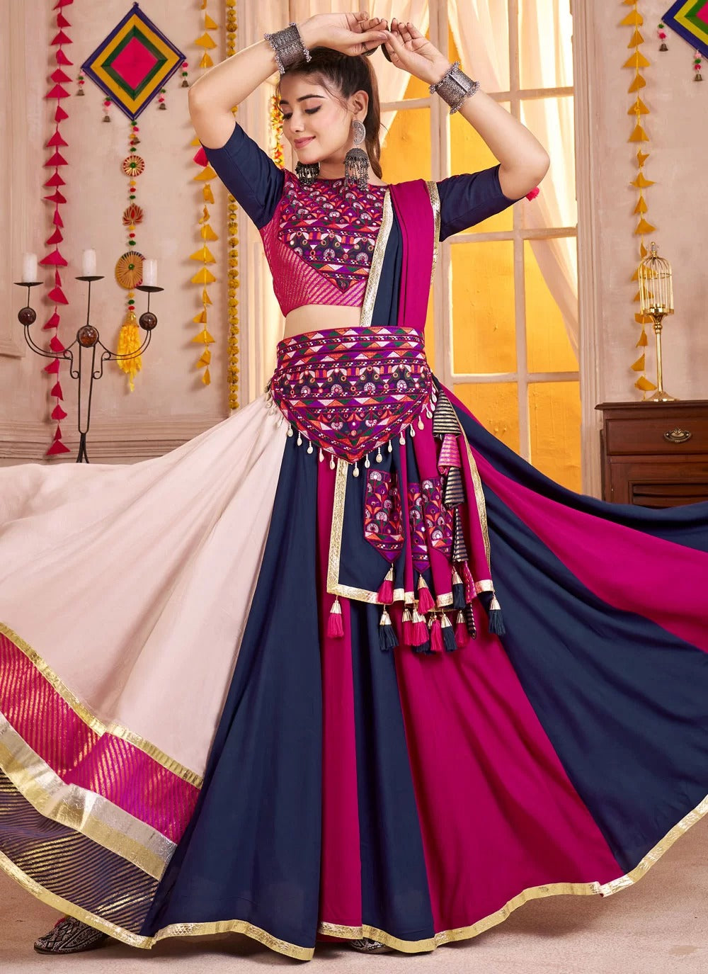 Multi color waist belt with thread embroidery, mirror work and natural kodi