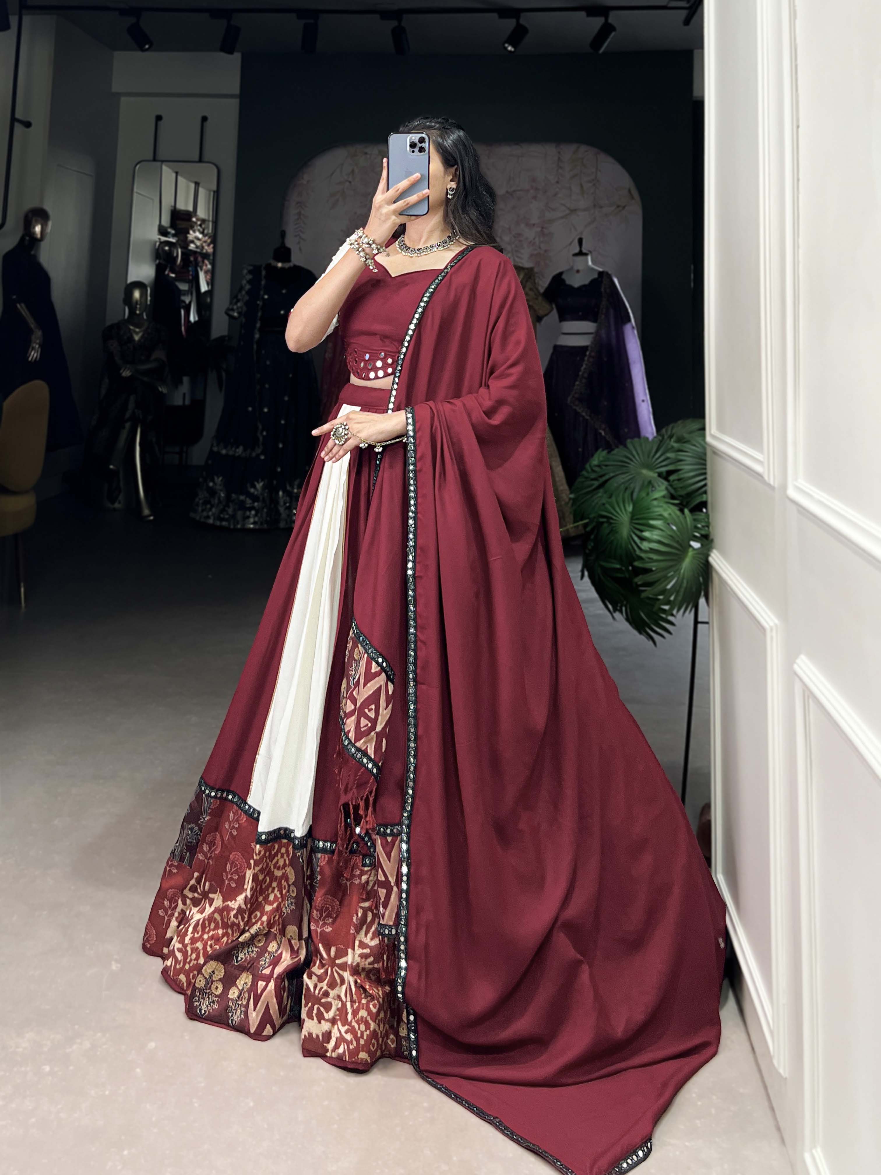 Maroon Color Plain And Printed With Paper Mirror Work Rayon Lehenga Choli