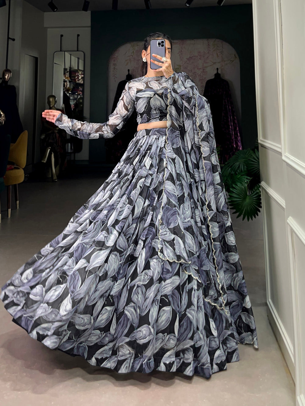 Black Color Printed With Hotfix Tubby Silk Lehenga Choli