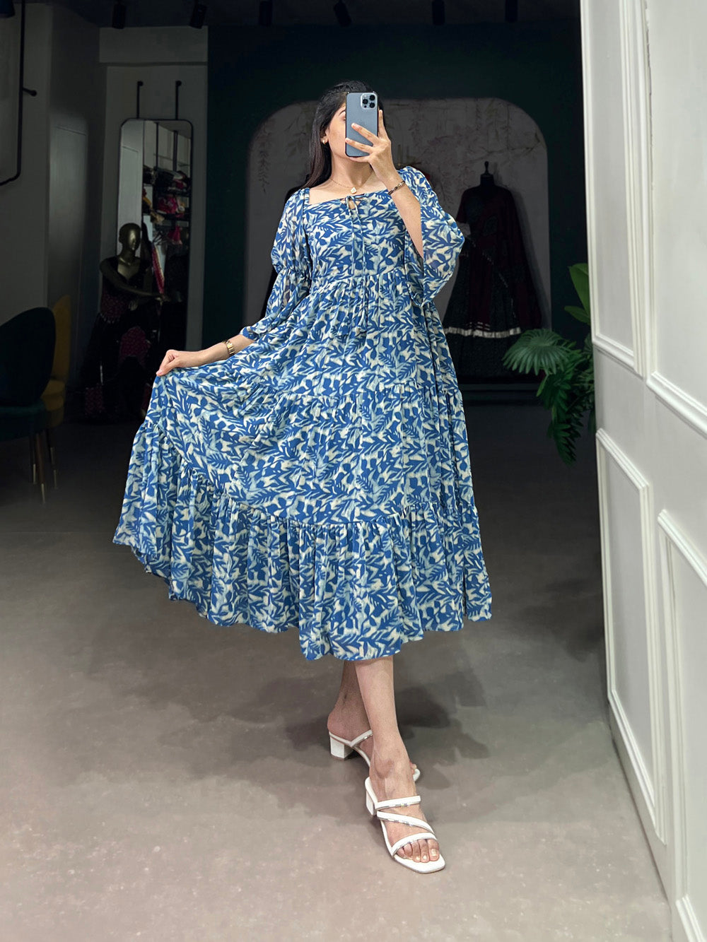 Blue Color Printed Georgette Dress