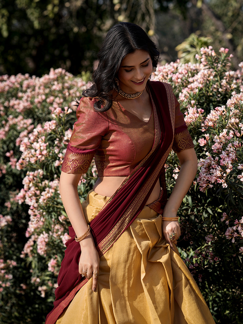 Cream Kanchipuram unstitched blouse fabric