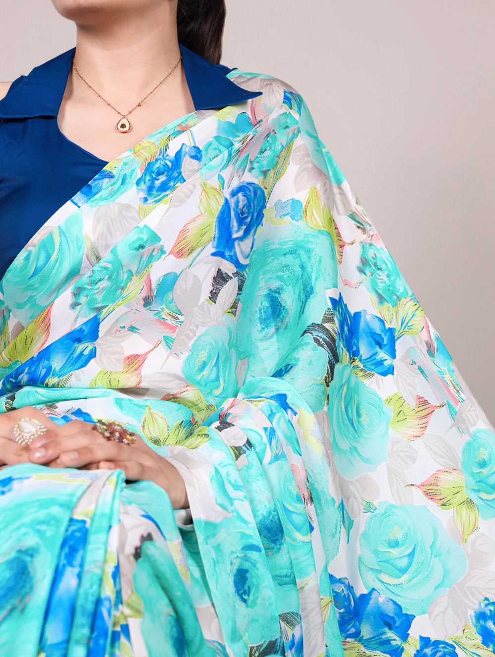 Floral printed firozi saree with blouse