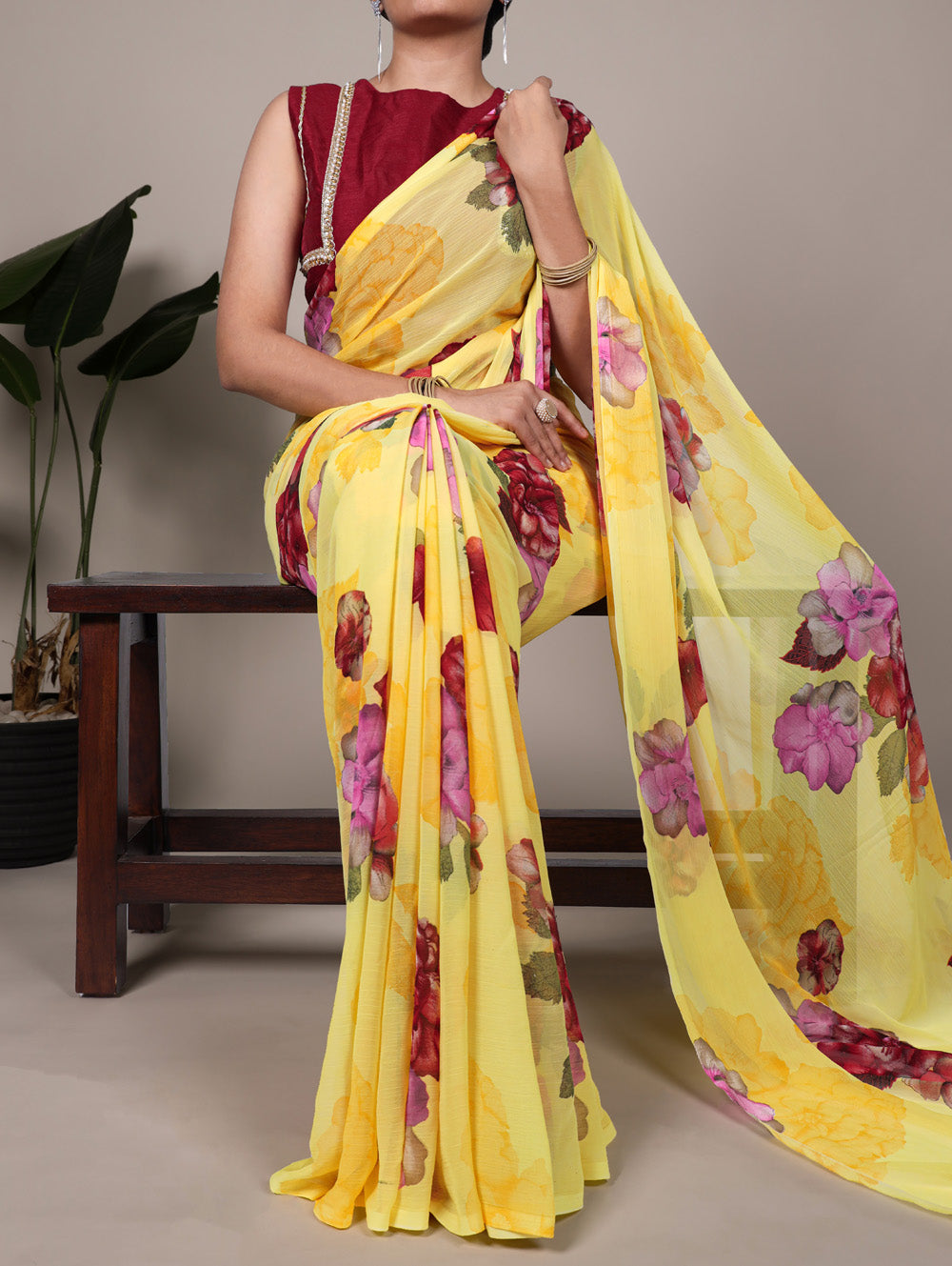 Yellow floral print chiffon saree