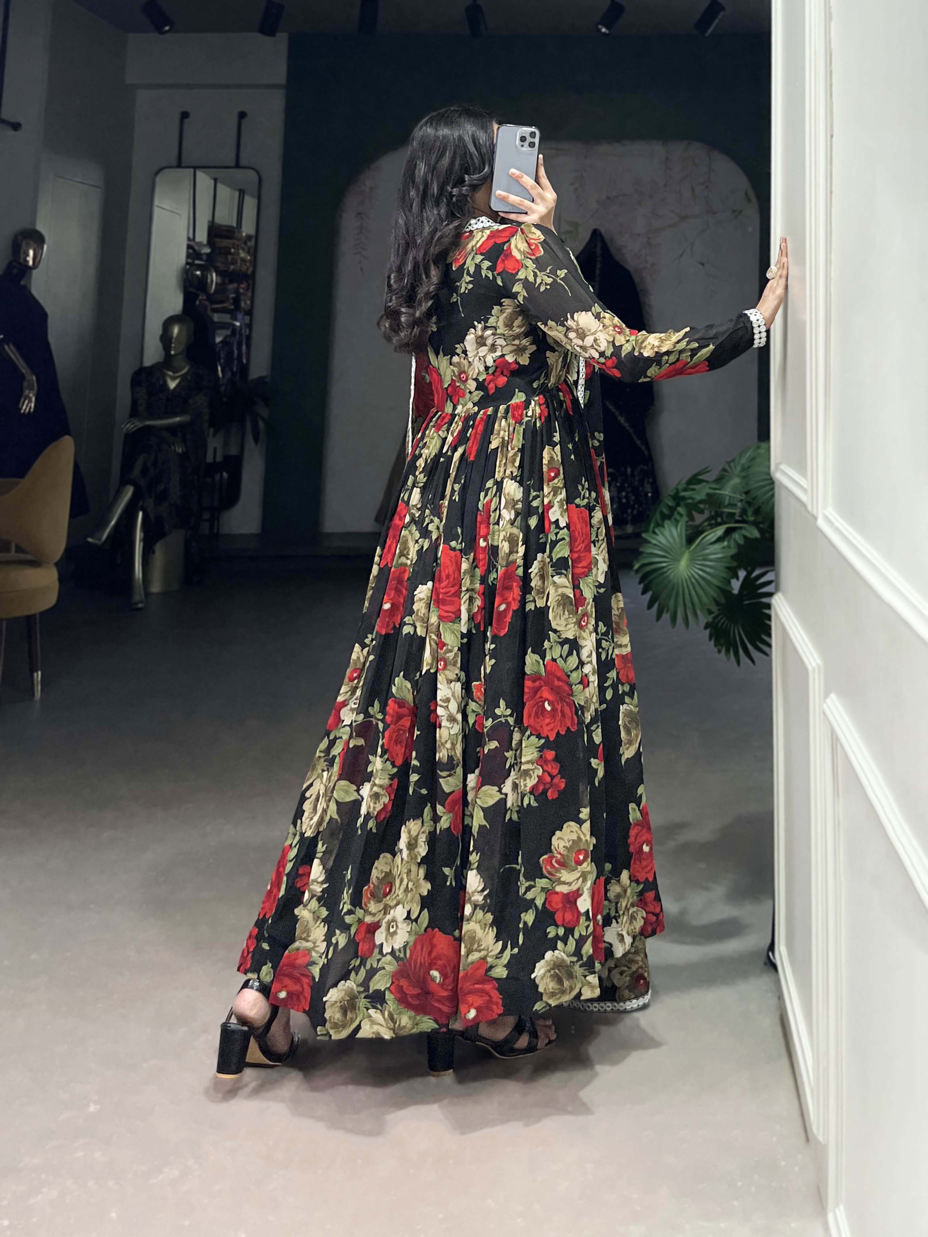 Red Color Floral Printed And Paper Mirror Lace Georgette Gown