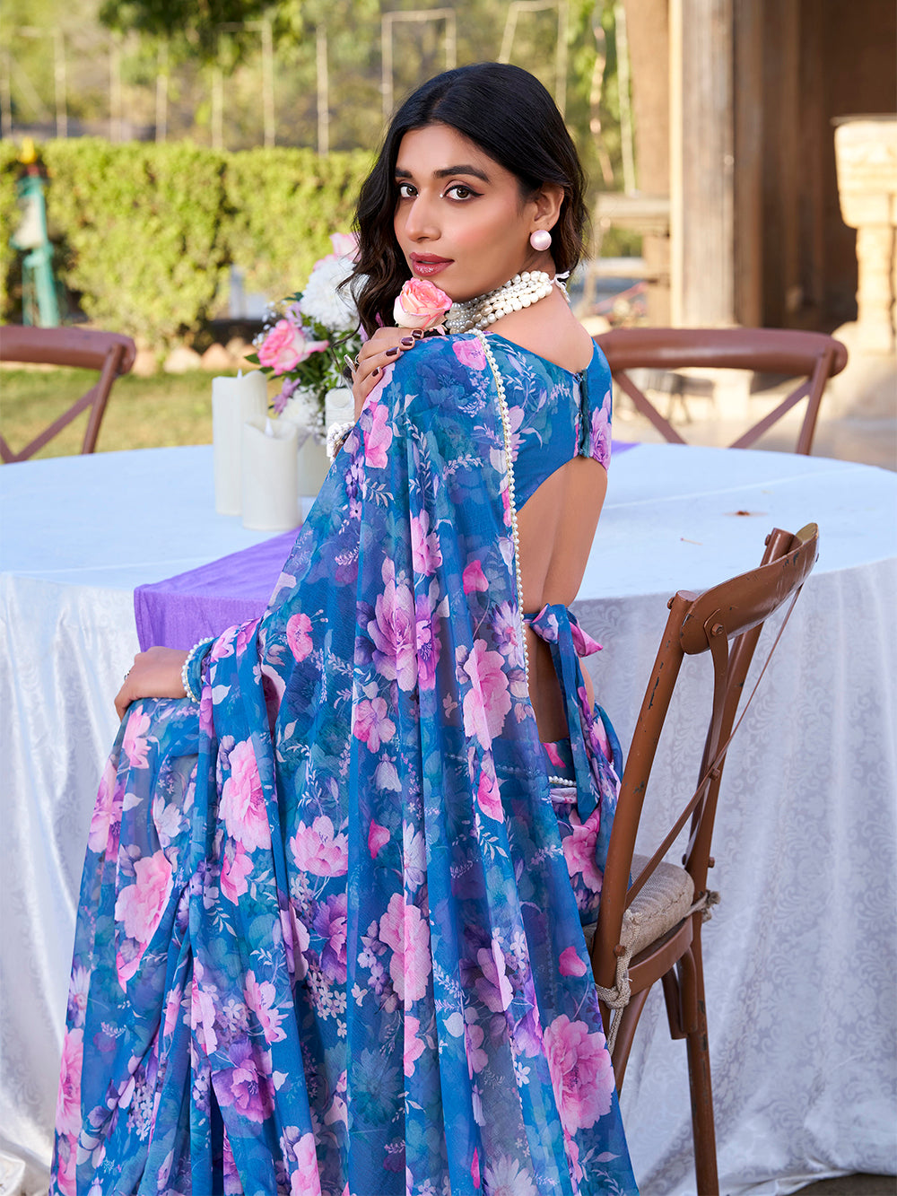 Sophisticated blue saree with designer lace border