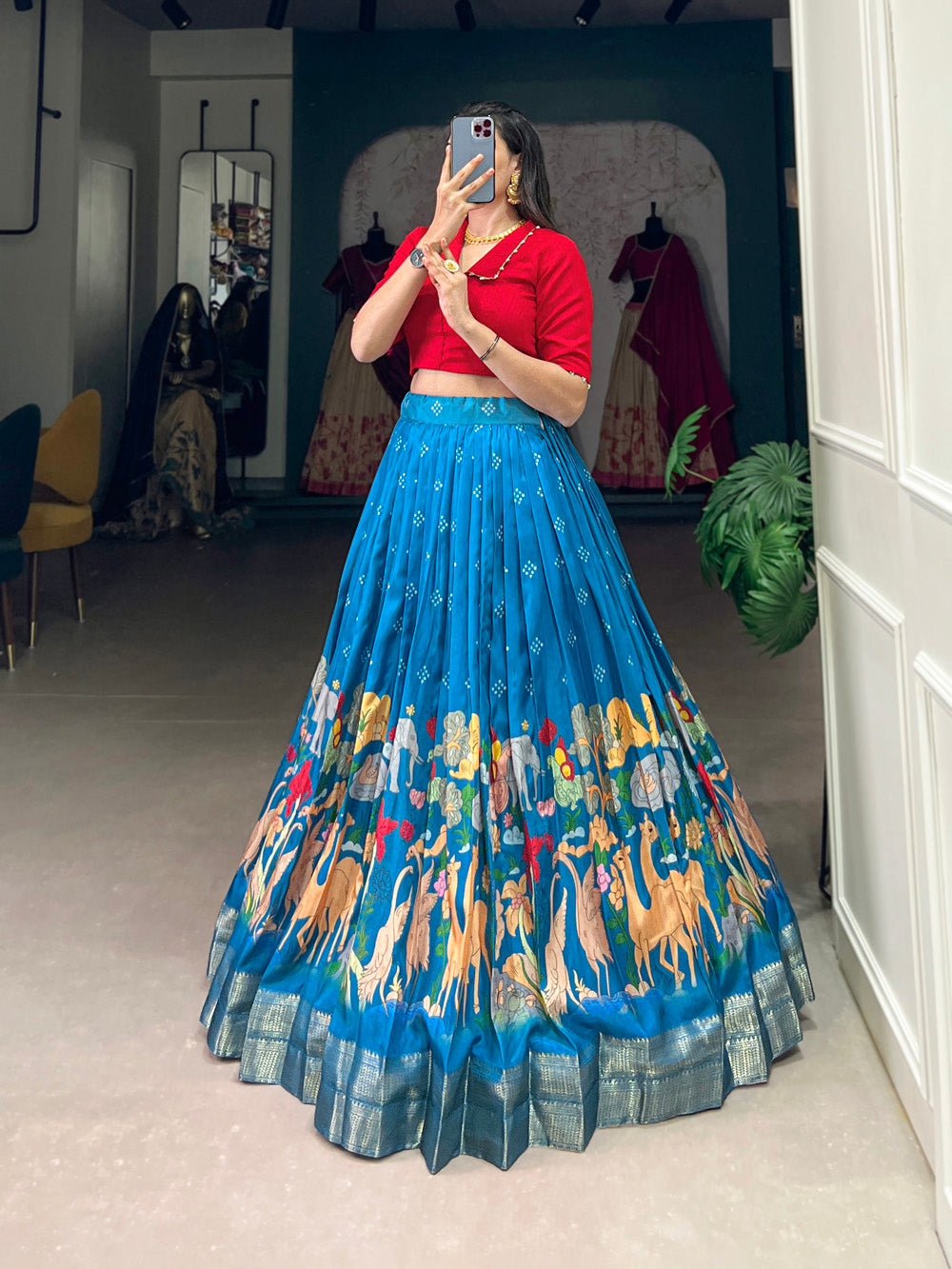 Blue Color Kalamkari Print With Zari Weaving Border Dola Silk South Indian Choli
