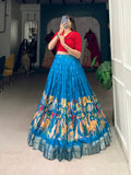 Blue Color Kalamkari Print With Zari Weaving Border Dola Silk South Indian Choli