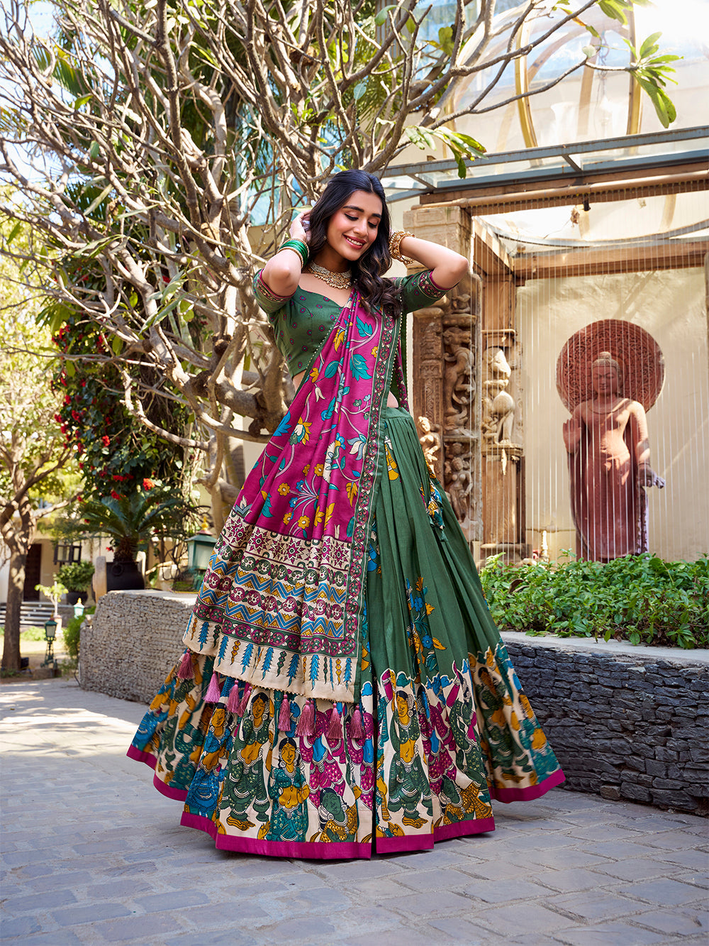 Mehandi Color Kalamkari Print With Foil Work Tussar Silk Lehenga Choli