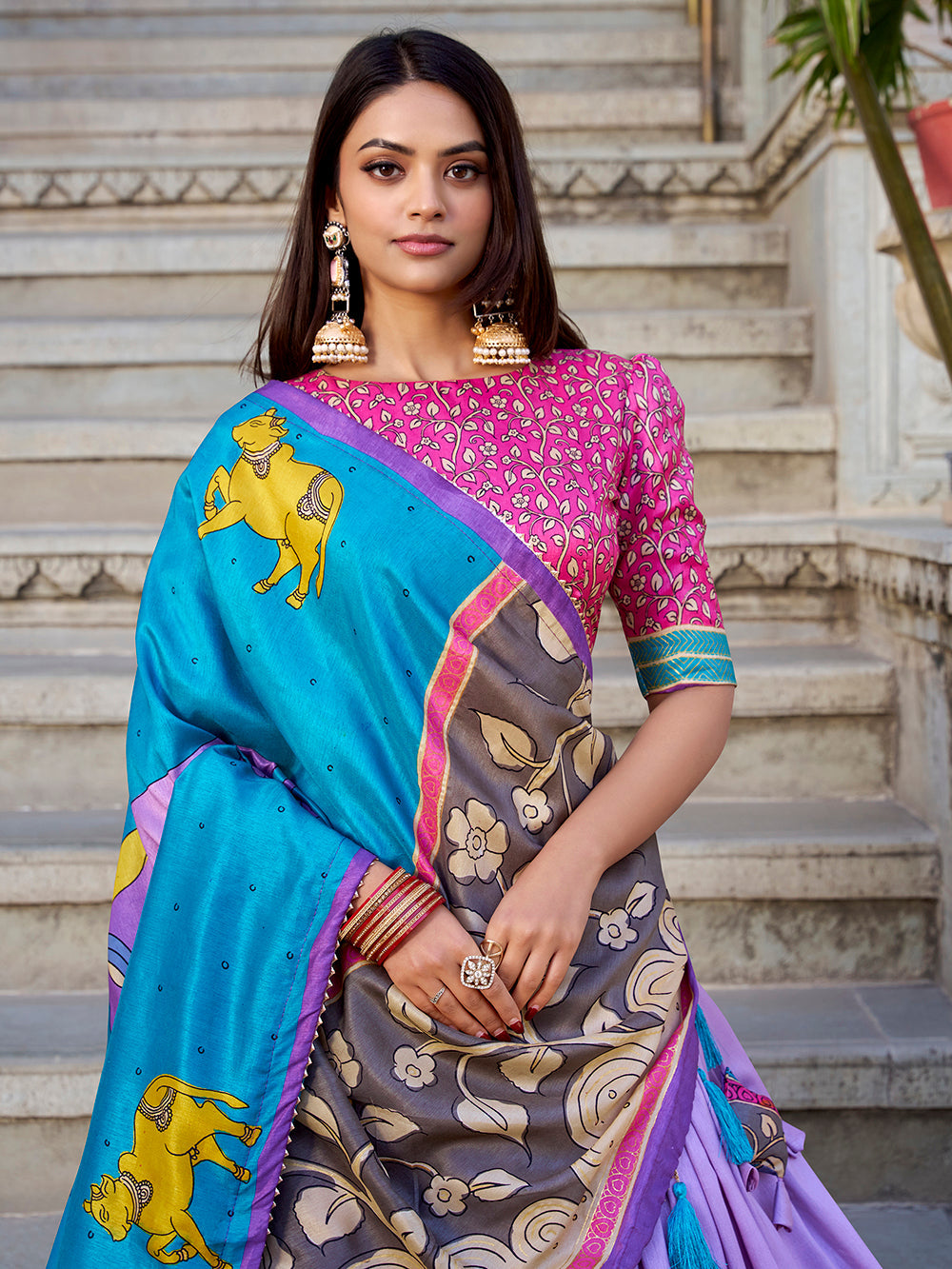 Lavender Color Kalamkari With Foil Work Tussar Silk Lehenga Choli