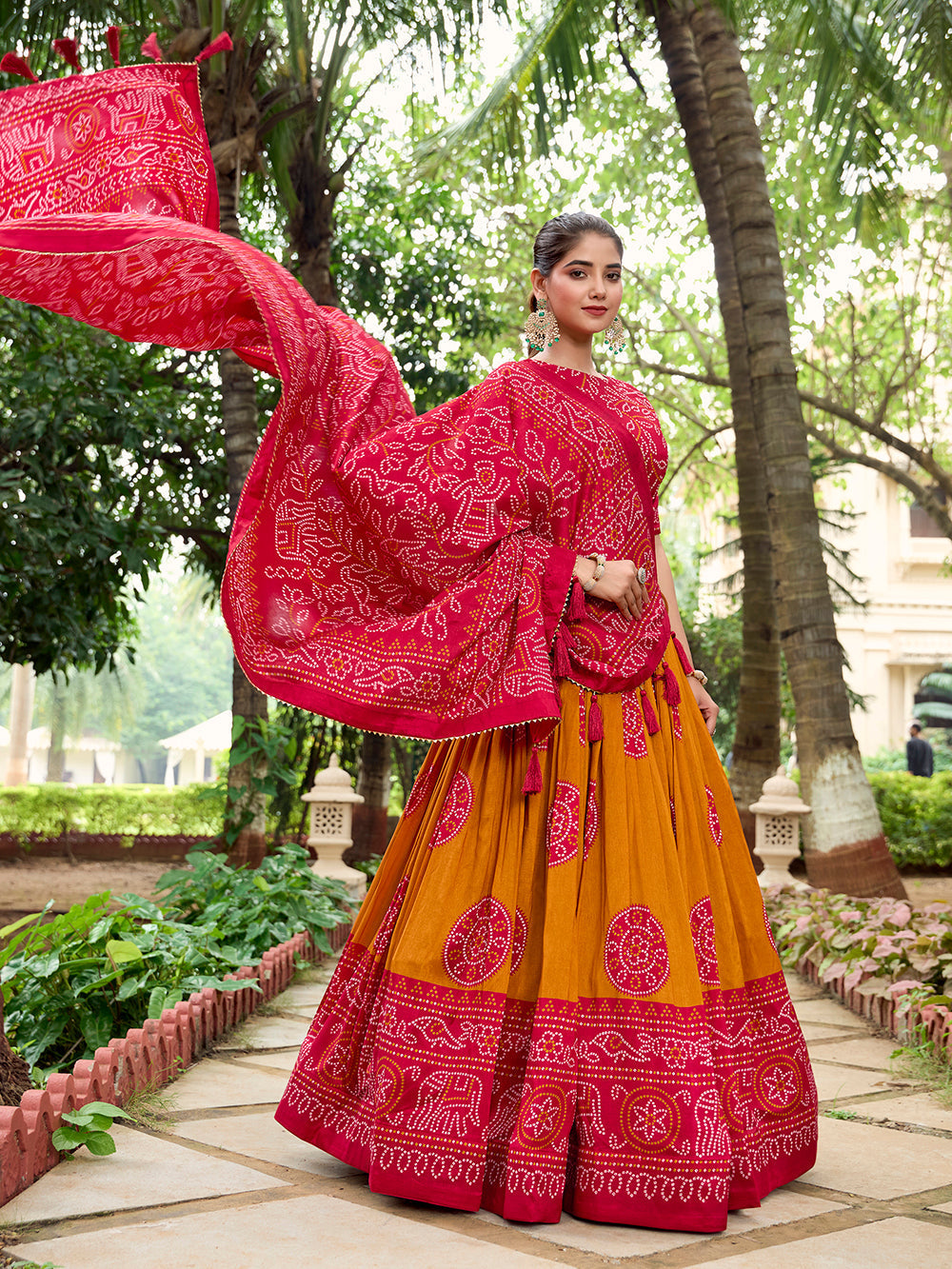 Mustard Color Bandhej Printed Tussar Silk Women Wear Lehenga Choli