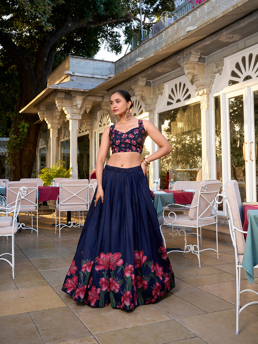 Navy Blue Color Floral Print With Foil Work Tussar Silk Lehenga Choli