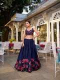 Navy Blue Color Floral Print With Foil Work Tussar Silk Lehenga Choli