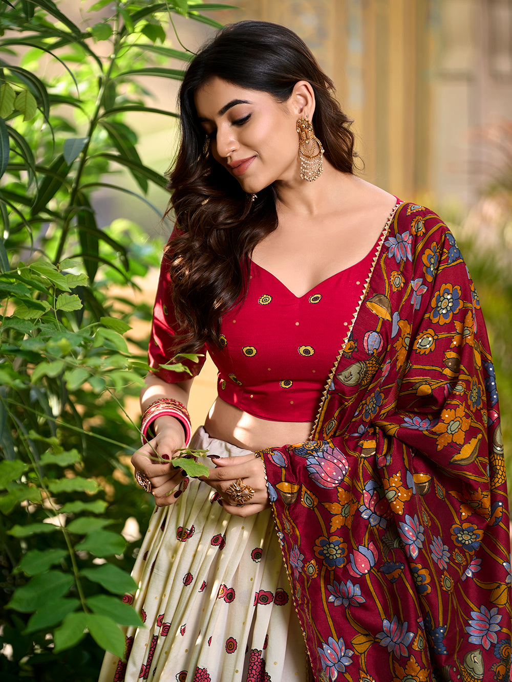 Off White Color Kalamkari Print With Foil Work Tasar Silk Lehenga Choli