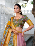 Onion Color Printed (Kalamkari) With Zari Weaving Border Jacquard Silk Lehenga Choli
